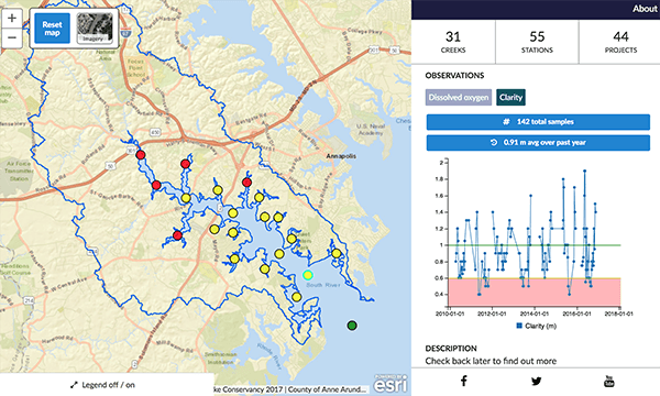 Dots on map of the Chesapeake Bay colored either green, yellow, or red, depending on how good the water quality is at that sample