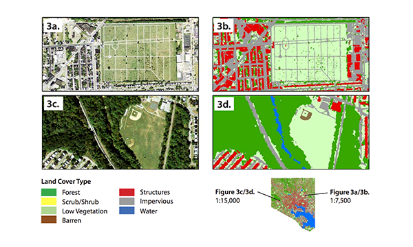 Four thumbnails of land cover classification maps and aerial imagery in Baltimore